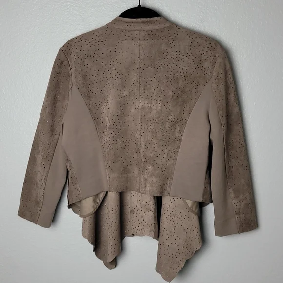 BCBGMaxAzria Faux Suede Jacket Moto Style Perforated Hi Lo Scalloped Front Hem - Picture 8 of 13